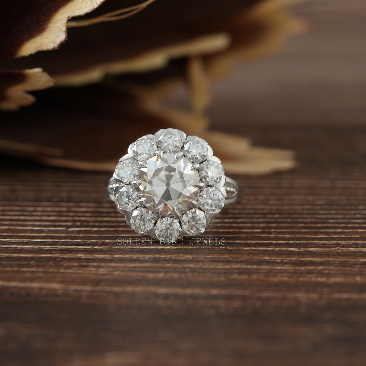 [Old European Round Cut Moissanite Halo Ring]-[Golden Bird Jewels]