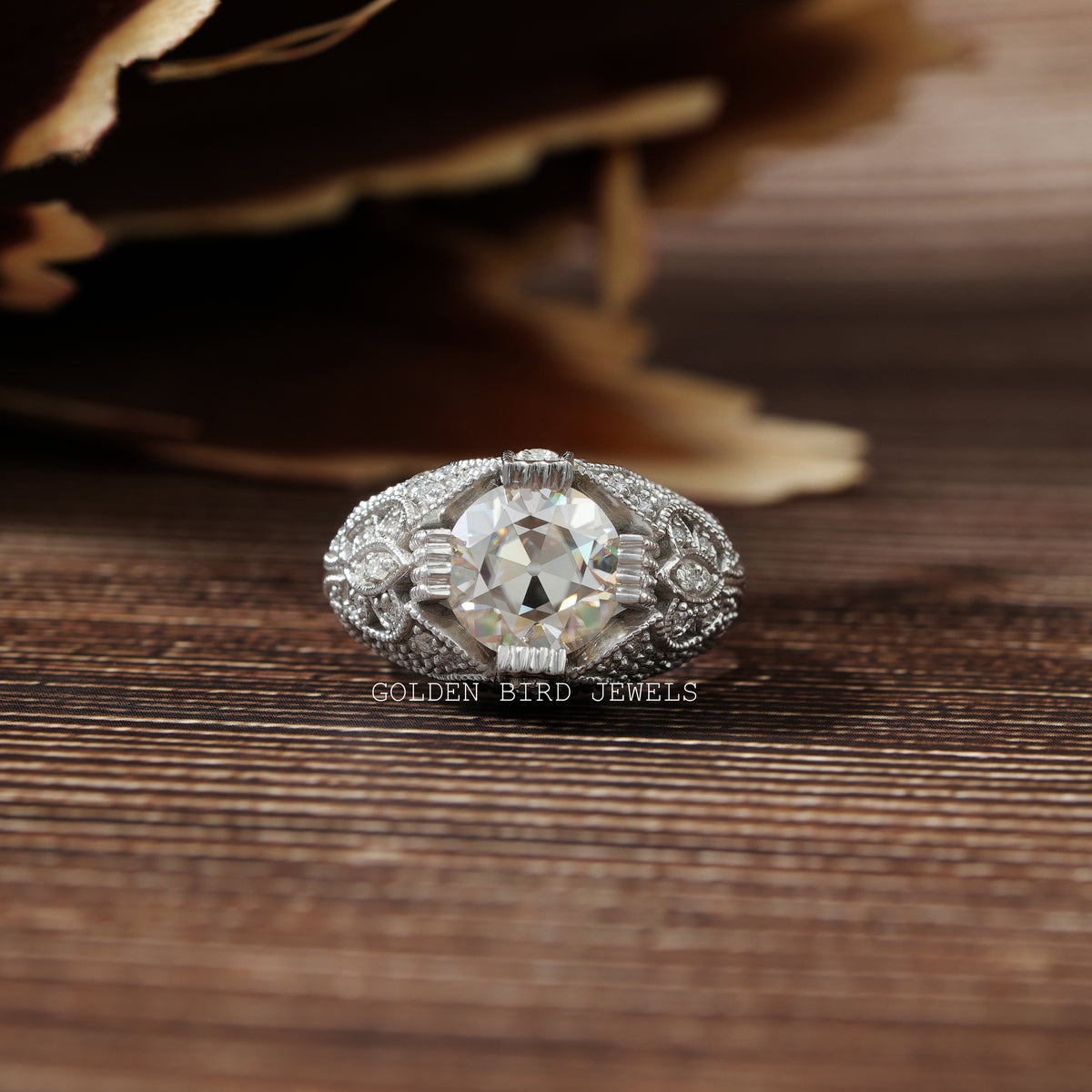 [OEC Round Cut Moissanite Art Deco Ring]-[Golden Bird Jewels]