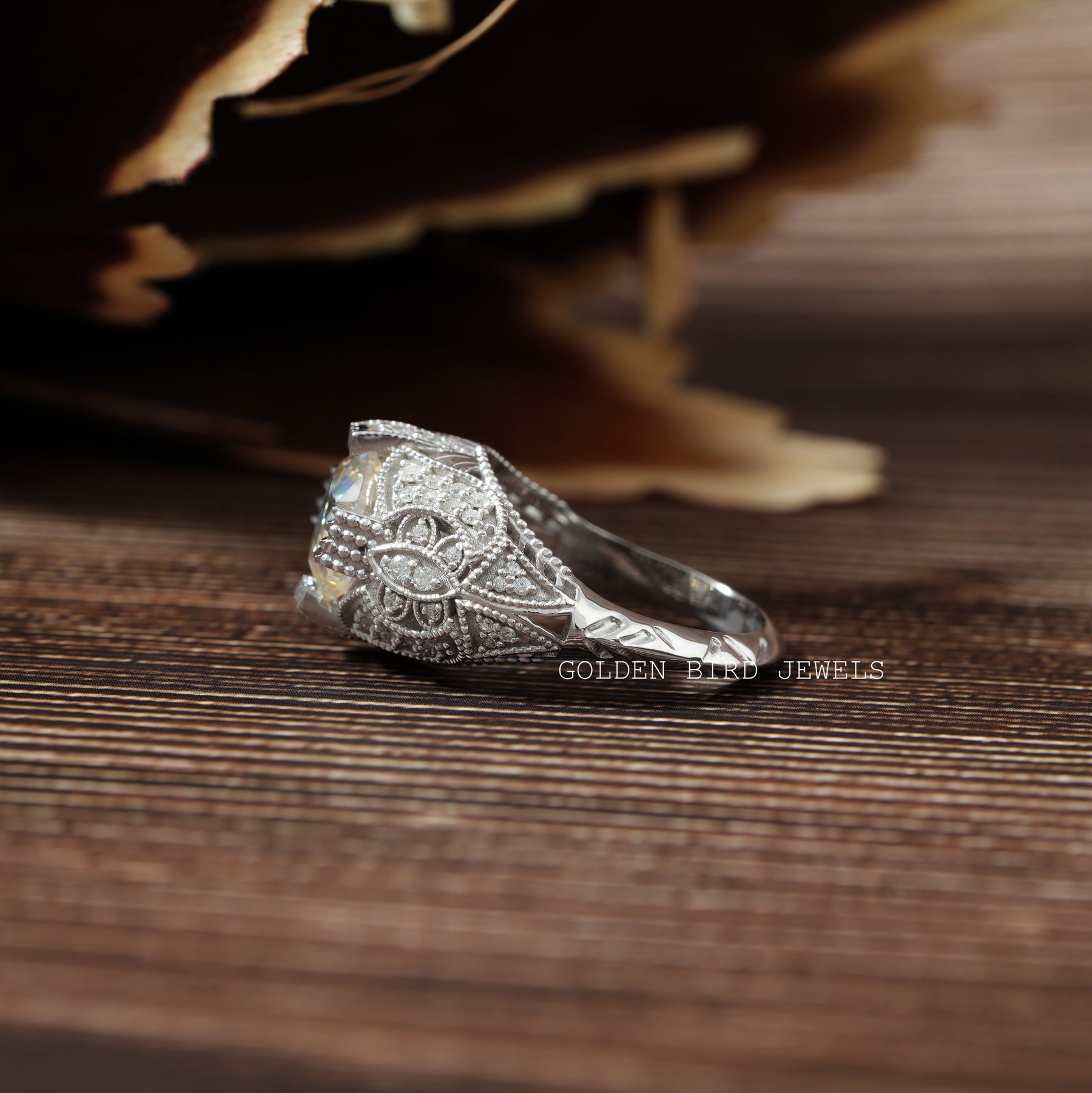 [Moissanite Old European Round Cut Art Deco Ring]-[Golden Bird Jewels]