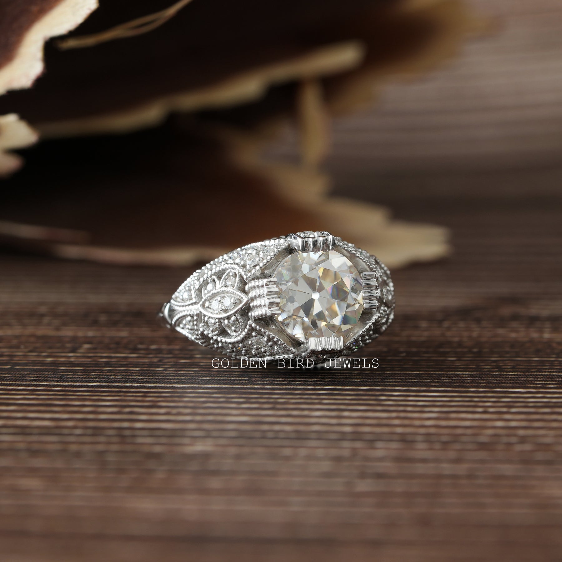 [Old European Round Cut Moissanite Engagement Ring]-[Golden Bird Jewels]