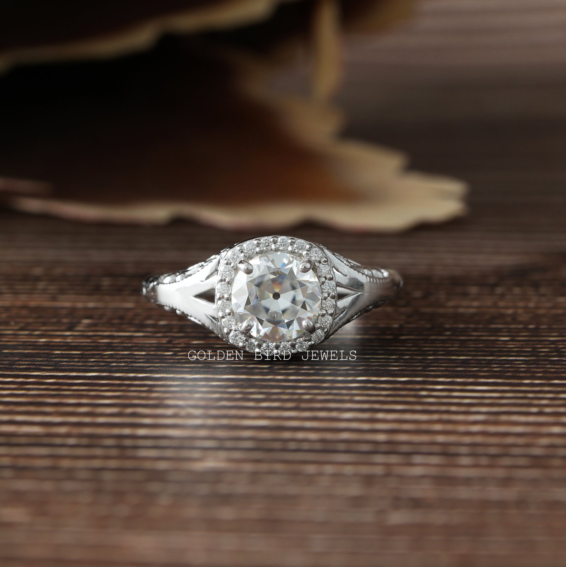 [Old European Round Moissanite Halo Ring]-[Golden Bird Jewels]