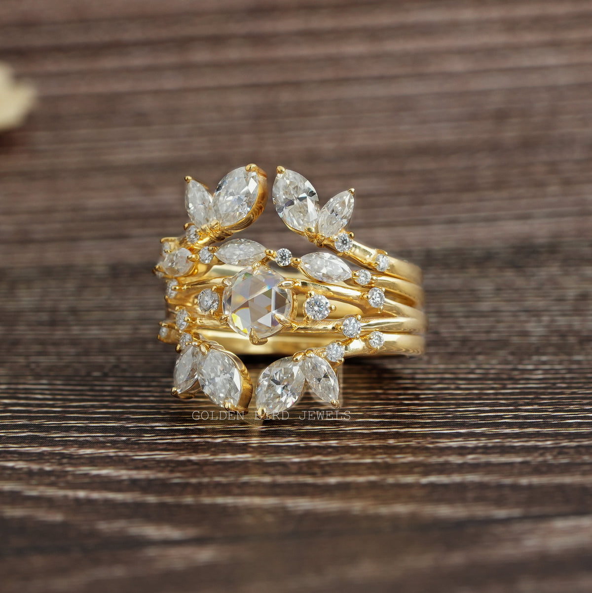 View of Multi Stone Moissanite Cocktail Bridal Ring Set In Yellow Gold