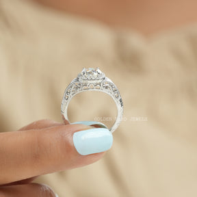 [Moissanite Round Cut Halo Art Deco Ring]-[Golden Bird Jewels]