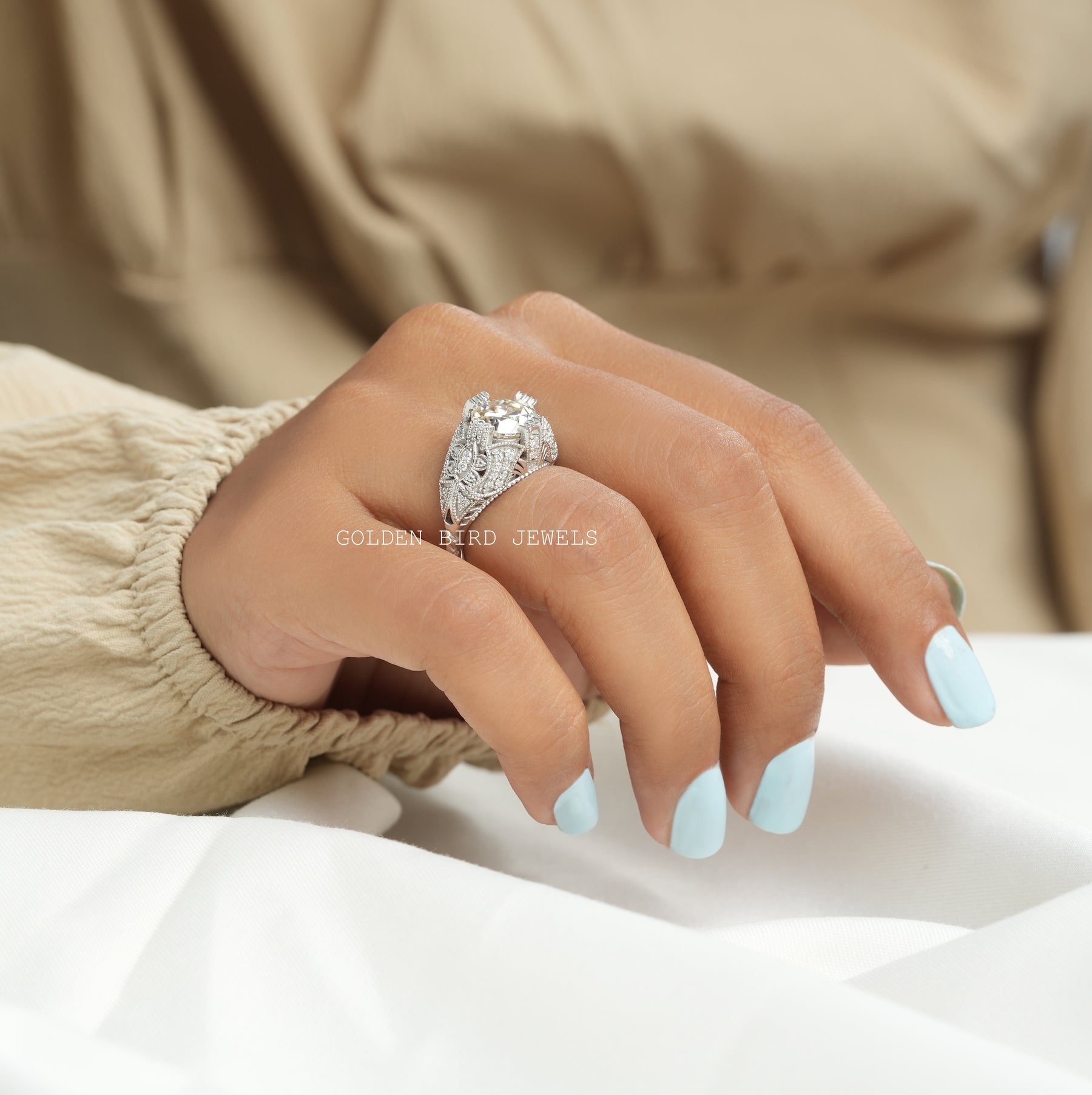 [Moissanite OEC Round Cut Art Deco Ring]-[Golden Bird Jewels]