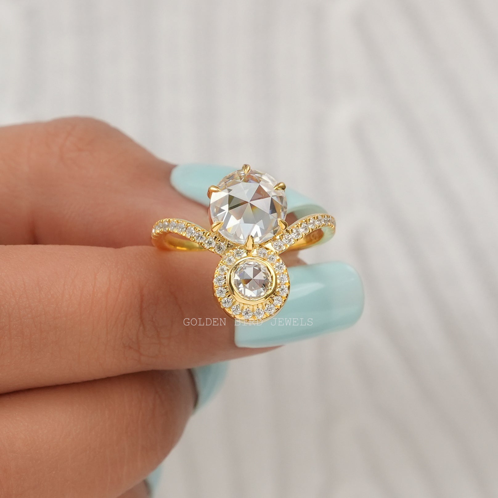 [Rose Cut Round Moissanite Two Stone Ring]-[Golden Bird Jewels]