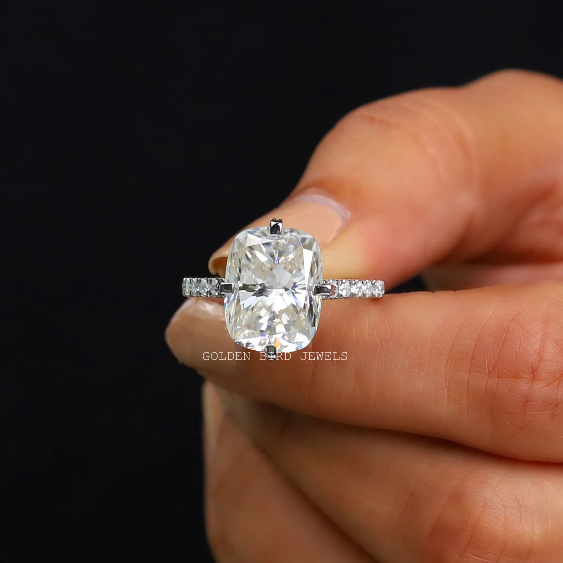 [Moissanite Cushion Cut Solitaire Ring]-[Golden Bird Jewels]