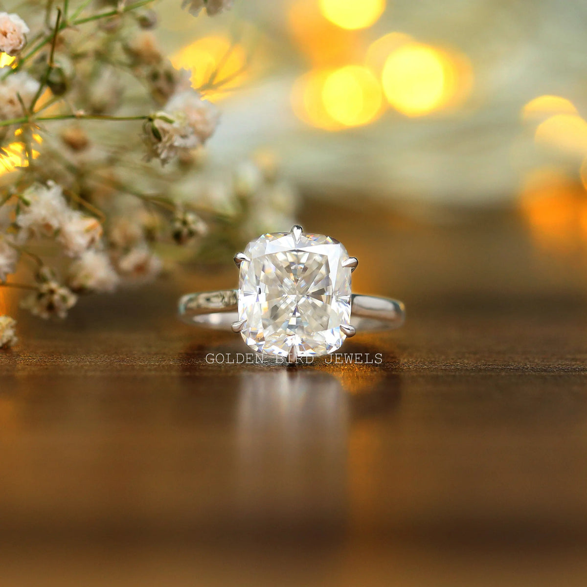 Front View Of  Elongated Cushion Cut Moissanite Solitaire Engagement Ring 