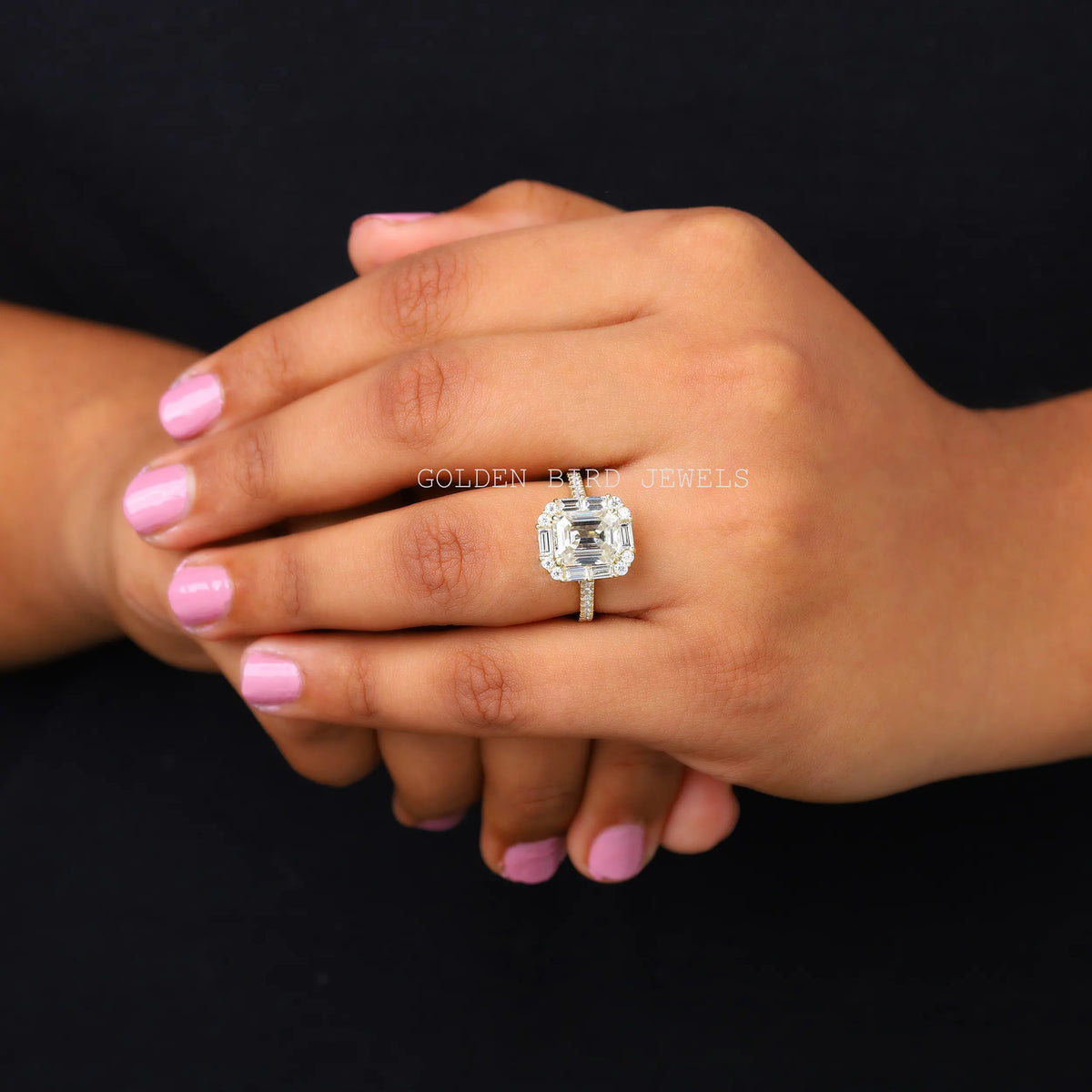 [Emerald Cut Moissanite Halo Ring]-[Golden Bird Jewels]