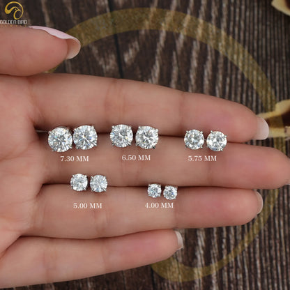 In Hand View Of Multi Carat Weight Round Cut Moissanite Solitaire Stud Earring