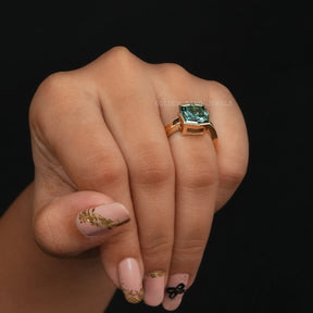 [Blue Green Step Cut Cushion Solitaire Engagement Ring]-[Golden Bird Jewels]