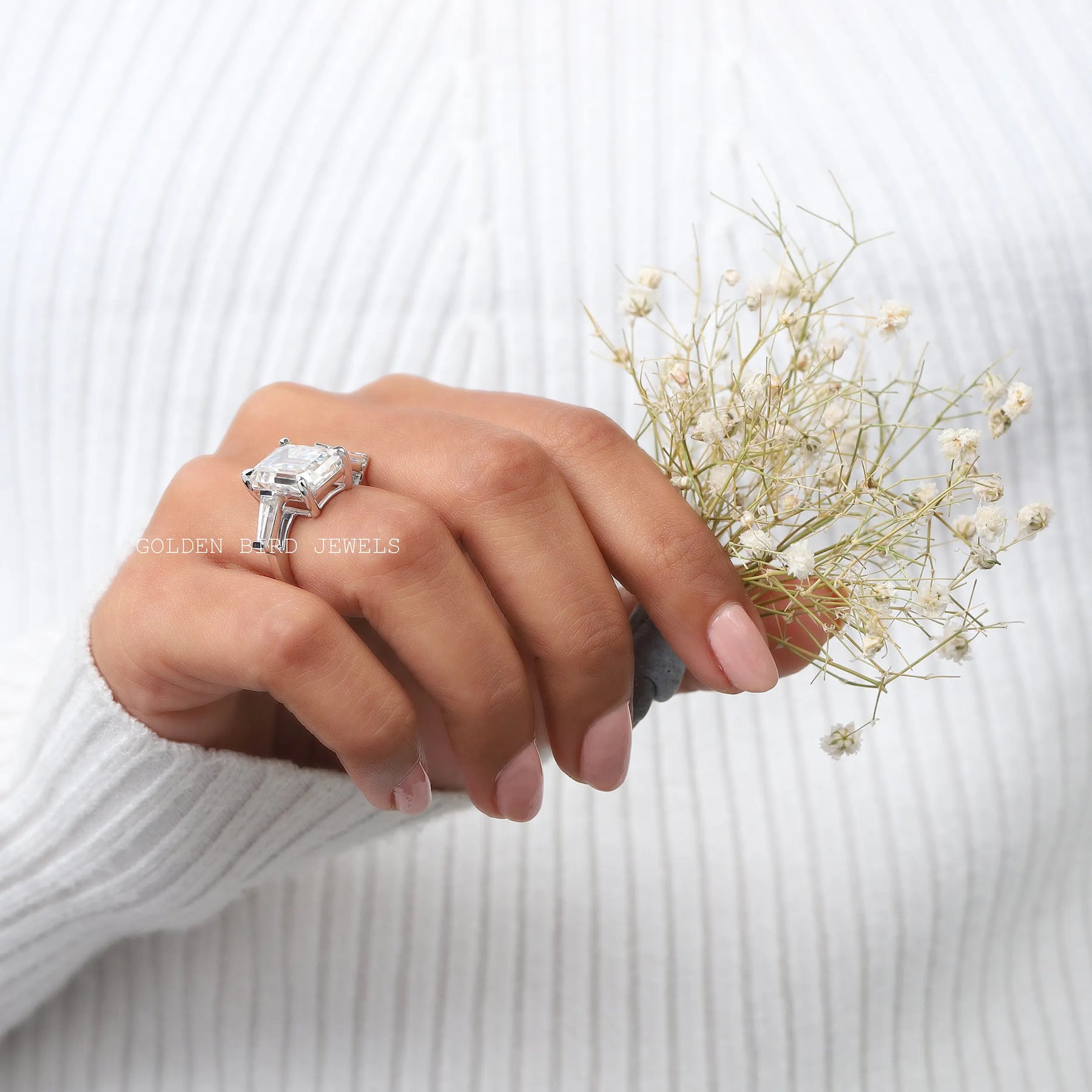 [Three Stone Emerald Cut Moissanite Ring With Tapper Baguette Cut Side Stones]-[Golden Bird Jewels]