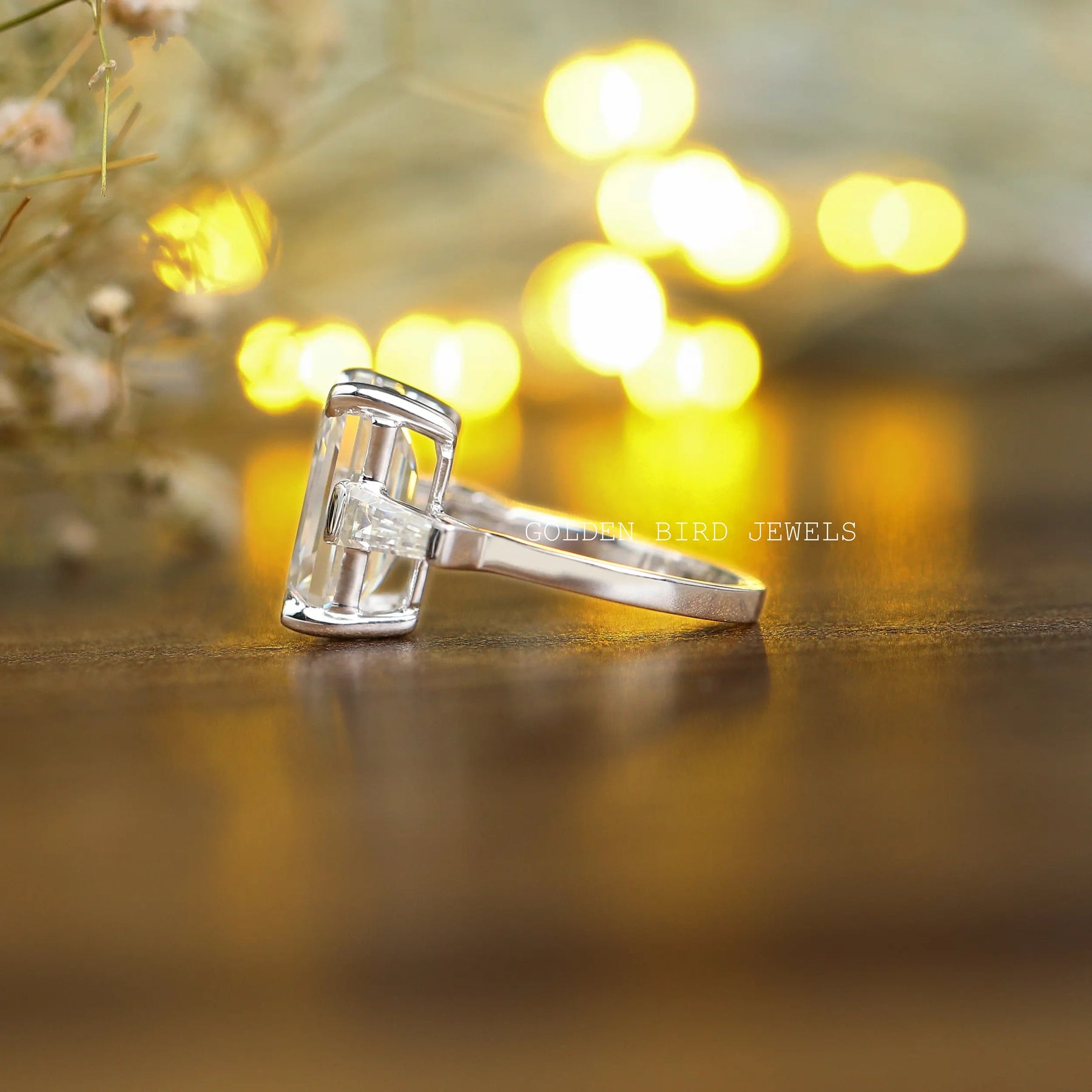 [Emerald Cut Moissanite Three Stone Ring In White Gold]-[Golden Bird Jewels]