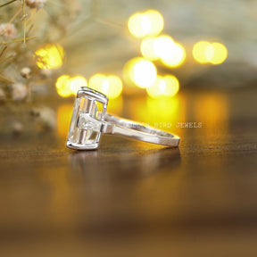 [Emerald Cut Moissanite Three Stone Ring In White Gold]-[Golden Bird Jewels]