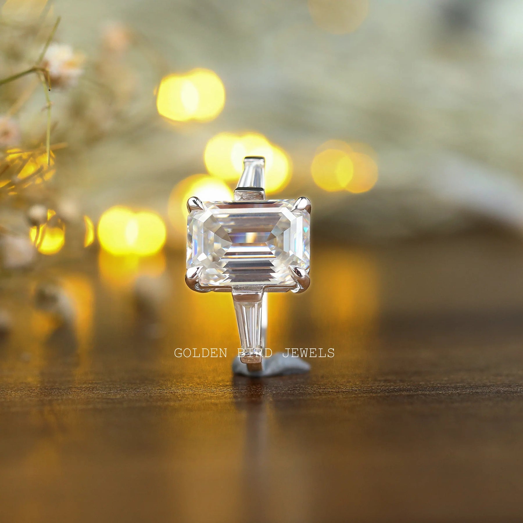 [Three Stone Emerald Cut Moissanite Ring]-[Golden Bird Jewels]